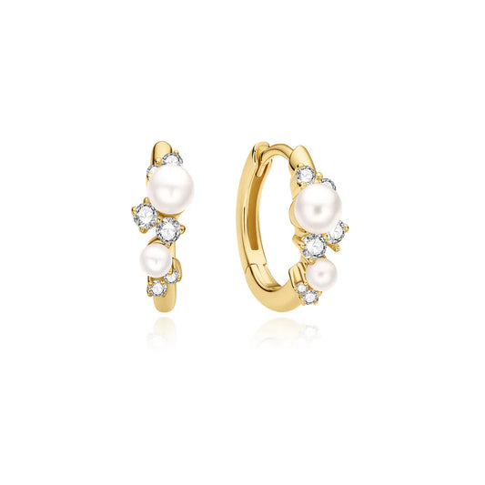 Ania Haie Gold Plated CZ & Shell Pearl Cluster Huggie Hoop Earrings