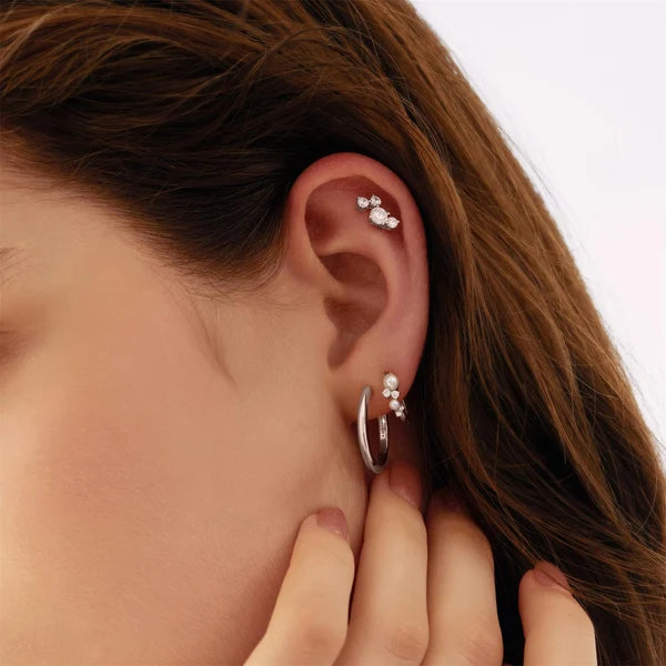 Ania Haie Rhodium Plated Silver CZ Shell Pearl Cluster Huggie Hoop Earrings