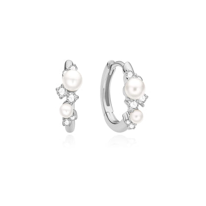 Ania Haie Rhodium Plated Silver CZ Shell Pearl Cluster Huggie Hoop Earrings
