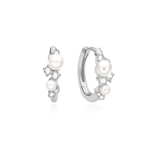 Ania Haie Rhodium Plated Silver CZ Shell Pearl Cluster Huggie Hoop Earrings