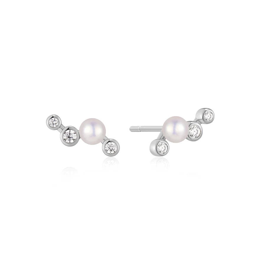 Ania Haie Silver Zig-Zag CZ & Shell Pearl Stud Earrings