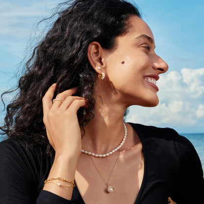 Ania Haie Gold Plated CZ & Shell Pearl Row Huggie Hoop Earrings