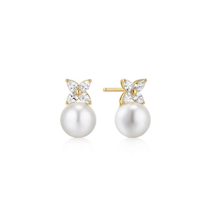 Ania Haie Yellow Gold Plated Shell Pearl & CZ Lucky Clover Drop Stud Earrings