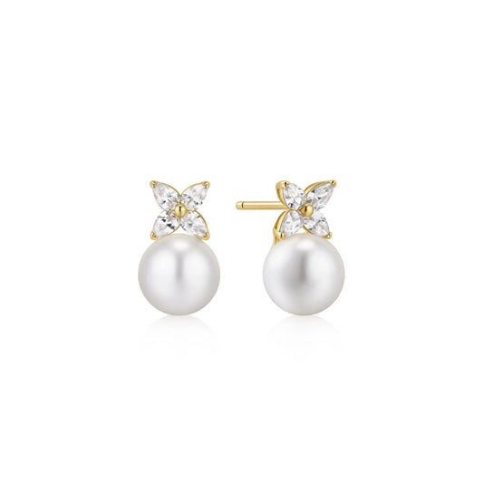 Ania Haie Yellow Gold Plated Shell Pearl & CZ Lucky Clover Drop Stud Earrings