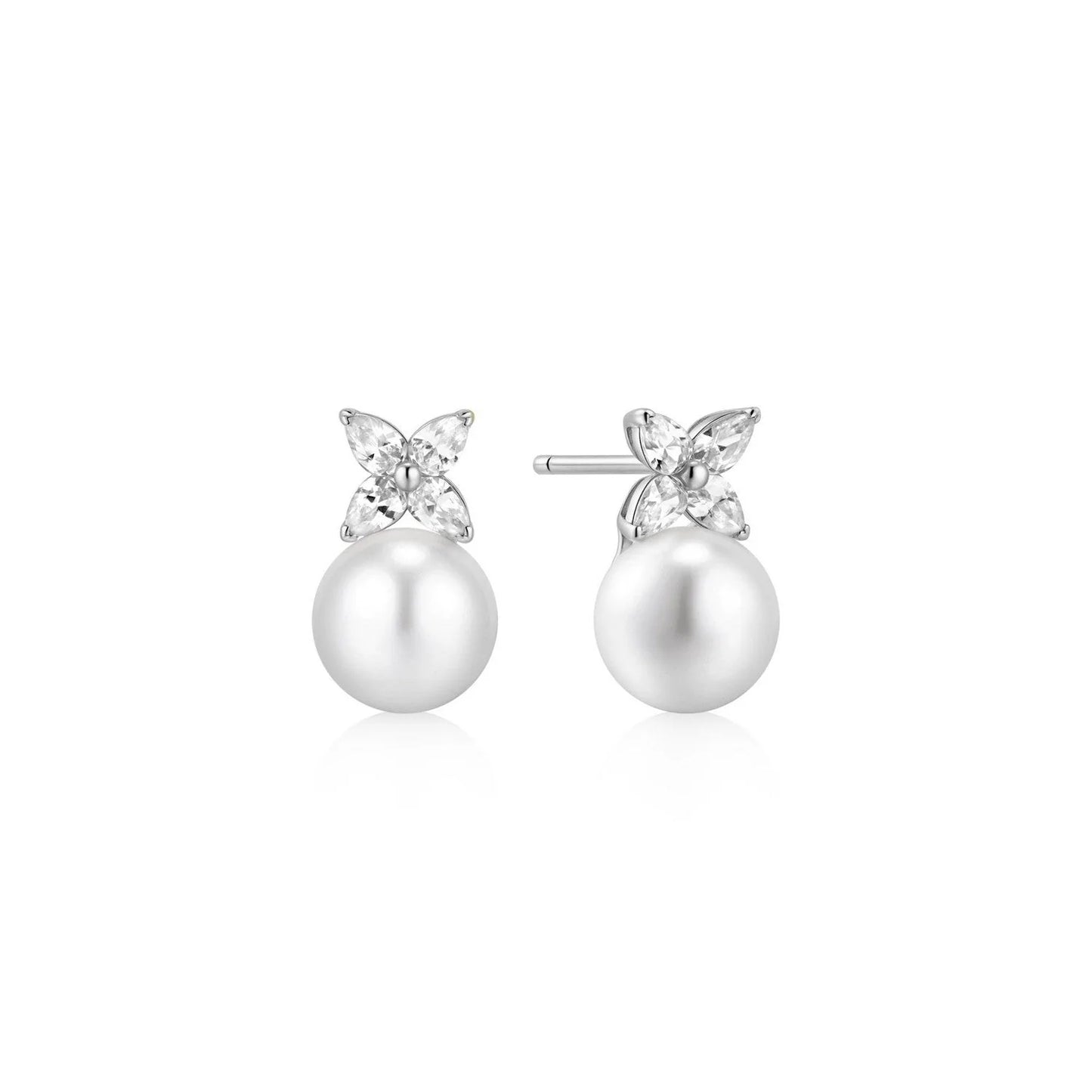 Ania Haie Silver Shell Pearl & CZ Lucky Clover Drop Stud Earrings