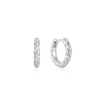 Ania Haie Sterling Silver Sparkle CZ Twisted Huggie Hoop Earrings