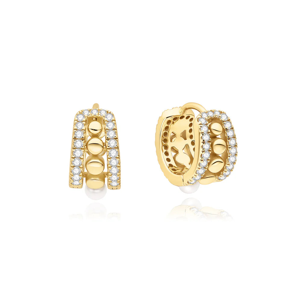 Ania Haie Gold Plated CZ & Shell Pearl Row Huggie Hoop Earrings