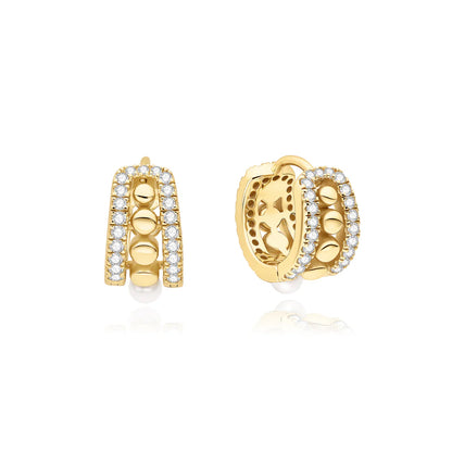 Ania Haie Gold Plated CZ & Shell Pearl Row Huggie Hoop Earrings