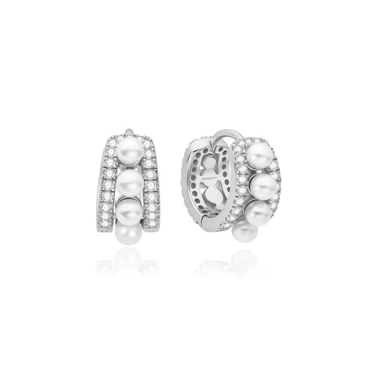 Ania Haie Rhodium Plated Silver CZ Pavé Shell Pearl Huggie Hoop Earrings