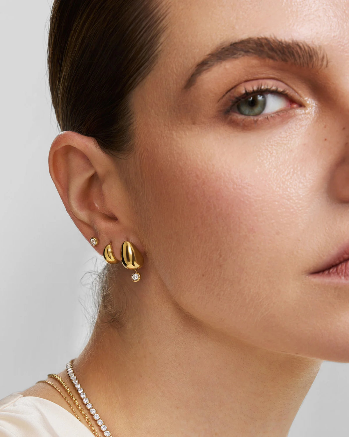 Ania Haie Gold Plate CZ Organic Dome Pebble with Bezel Dangle Stud Earrings