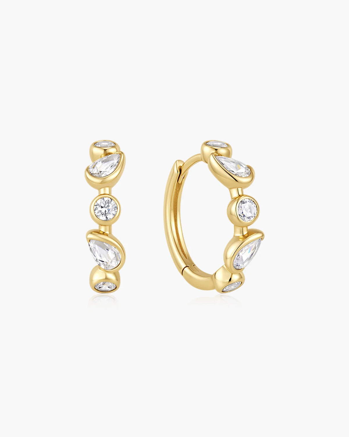 Ania Haie Yellow Gold Plated CZ Bezel Round & Teardrop Huggie Hoop Earrings