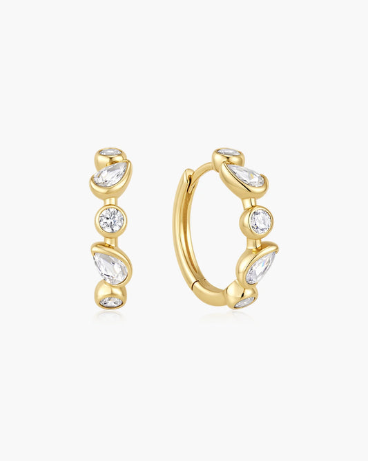 Ania Haie Yellow Gold Plated CZ Bezel Round & Teardrop Huggie Hoop Earrings