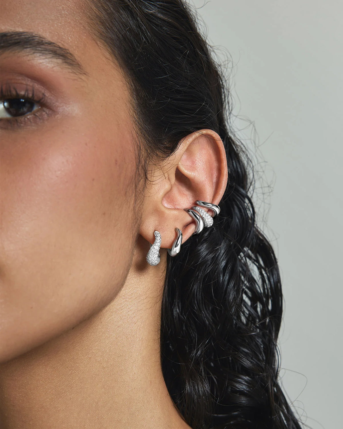 Ania Haie Rhodium Plated Silver CZ Pavé Wave Huggie Hoop Earrings