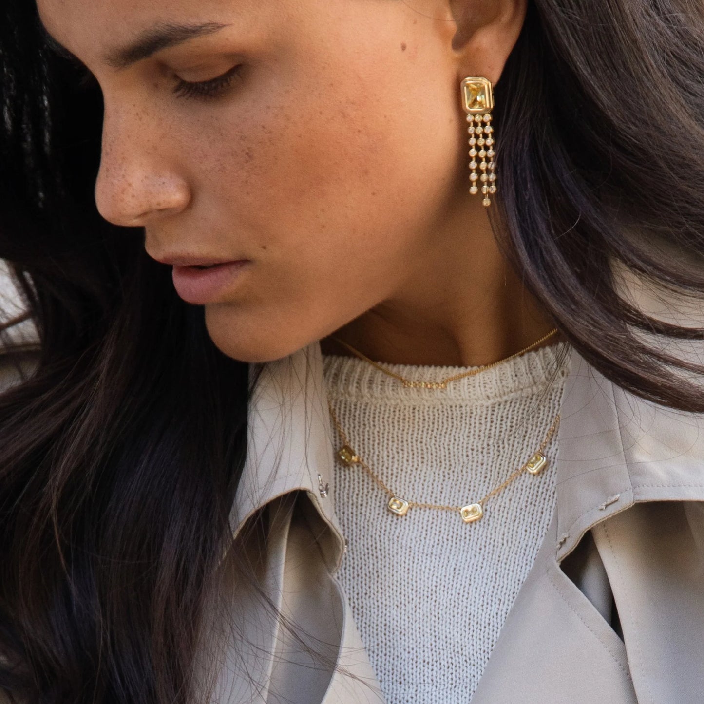 Sterling Silver Yellow Gold Plated Rectangular CZ Drop Stud Earrings