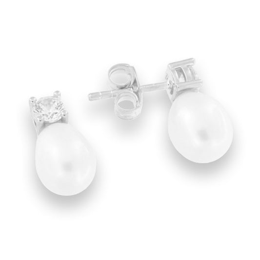 Sterling Silver Freshwater Pearl's & CZ Stone Drop Earrings