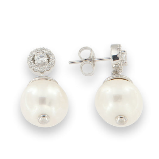 Sterling Silver Brilliant Round Halo CZ & Drop Pearl Earrings