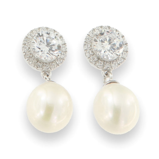 Sterling Silver Round, Halo CZ & Drop Freshwater Pearl Earrings