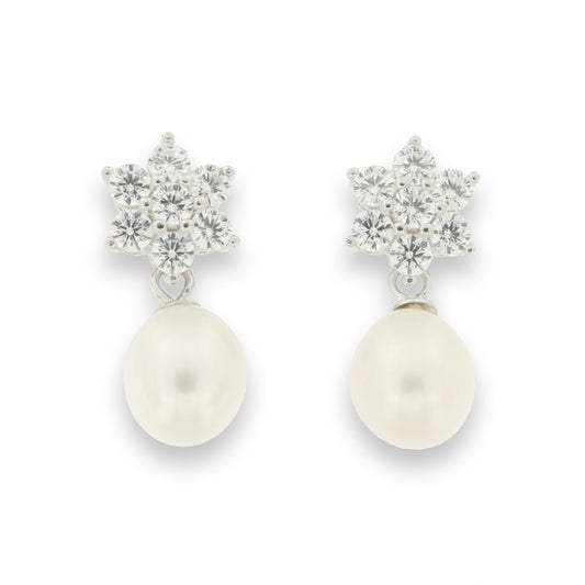 Sterling Silver Cluster CZ & Freshwater Pearl Drop Earrings