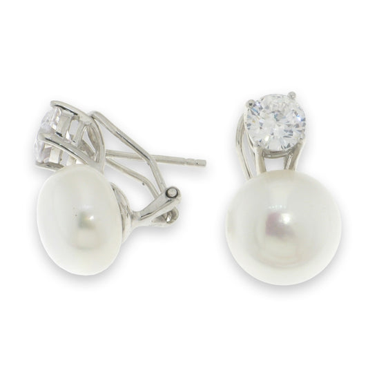Sterling Silver Round CZ & Freshwater Button Pearl Stud Earrings
