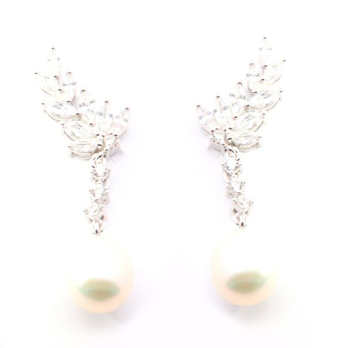 Sterling Silver Marquise, Round CZ & Drop Pearl Art Deco Earrings