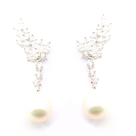 Sterling Silver Marquise, Round CZ & Drop Pearl Art Deco Earrings