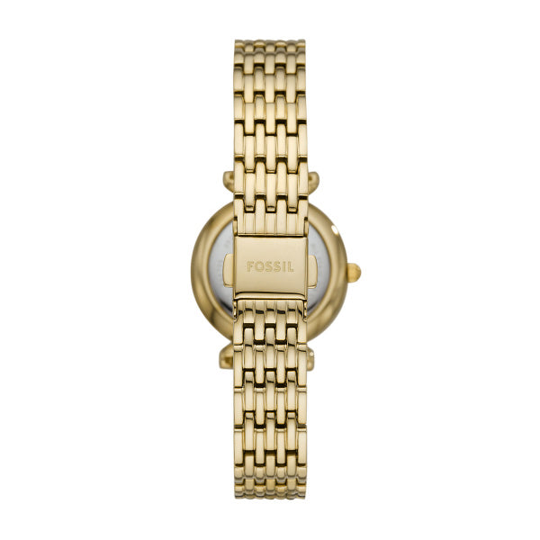 Fossil Ladies 28mm Carlie Mini Three-Hand Gold Tone Mother of Pearl Dial Stainless Steel Watch