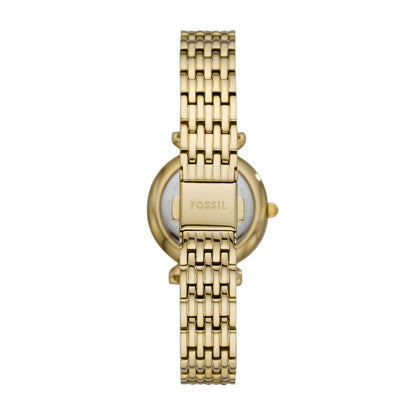 Fossil Ladies 28mm Carlie Mini Three-Hand Gold Tone Mother of Pearl Dial Stainless Steel Watch
