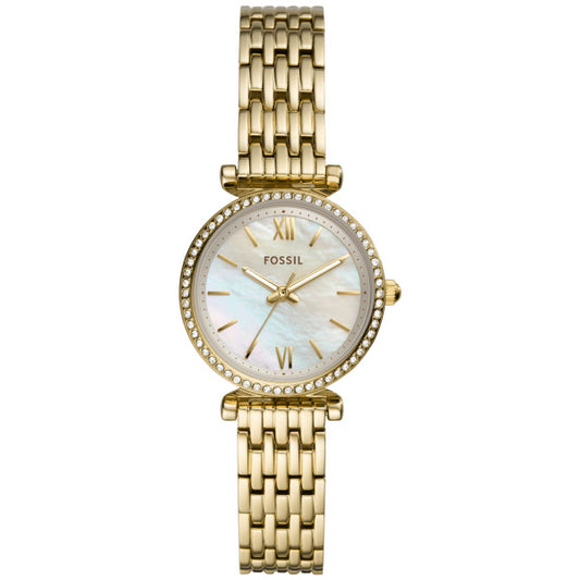 Fossil Ladies 28mm Carlie Mini Three-Hand Gold Tone Mother of Pearl Dial Stainless Steel Watch