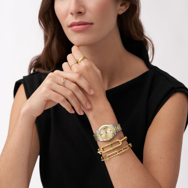 Fossil Ladies 33mm Scarlette Mini Three-Hand Date Two-Tone Stainless Steel Watch