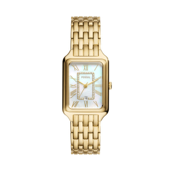 Fossil Ladies 26mm Raquel Three-Hand Date Gold Tone Mother of Pearl Dial Stainless Steel Watch