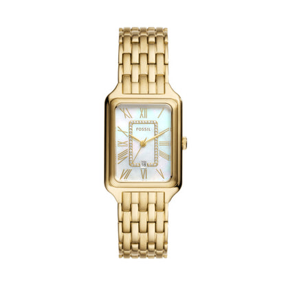 Fossil Ladies 26mm Raquel Three-Hand Date Gold Tone Mother of Pearl Dial Stainless Steel Watch