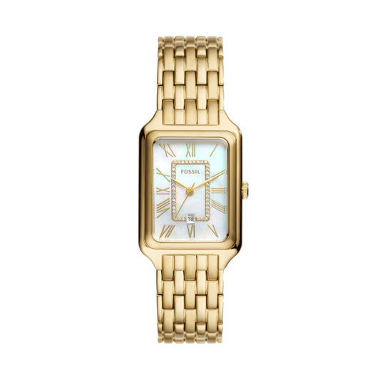 Fossil Ladies 26mm Raquel Three-Hand Date Gold Tone Mother of Pearl Dial Stainless Steel Watch