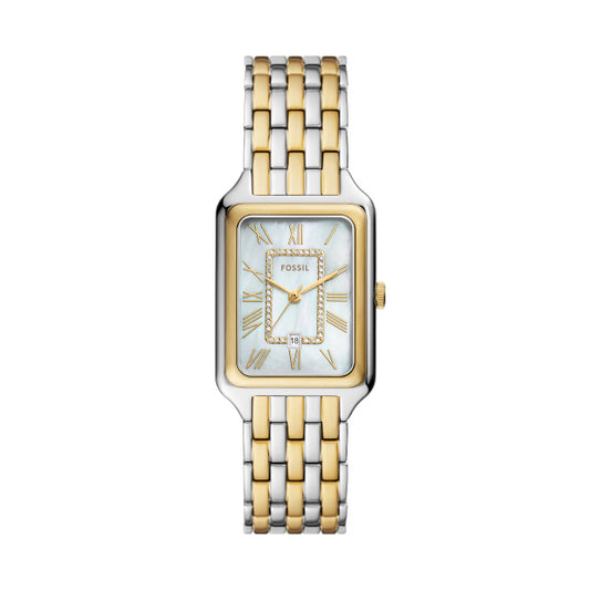 Fossil Ladies 26mm Raquel Three-Hand Date Two Tone Mother of Pearl Dial Stainless Steel Watch