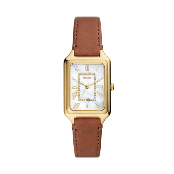 Fossil Ladies 26mm Raquel Three-Hand Date Brown Leather Strap Watch