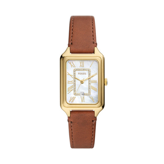 Fossil Ladies 26mm Raquel Three-Hand Date Brown Leather Strap Watch