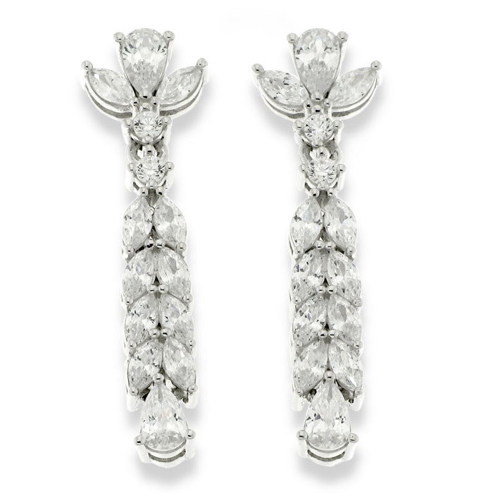 Sterling Silver Fancy Marquise, Pear & Round Double Row CZ Drop Earrings