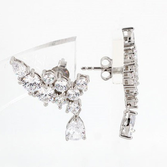Sterling Silver Fancy Pear & Round Cluster CZ Drop Earrings