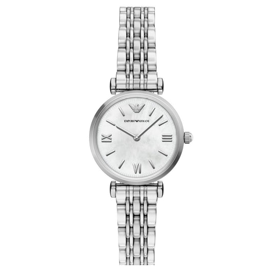 Emporio Armani 28mm Gianni T-Bar Silver Tone Mother of Pearl Dial Link Watch