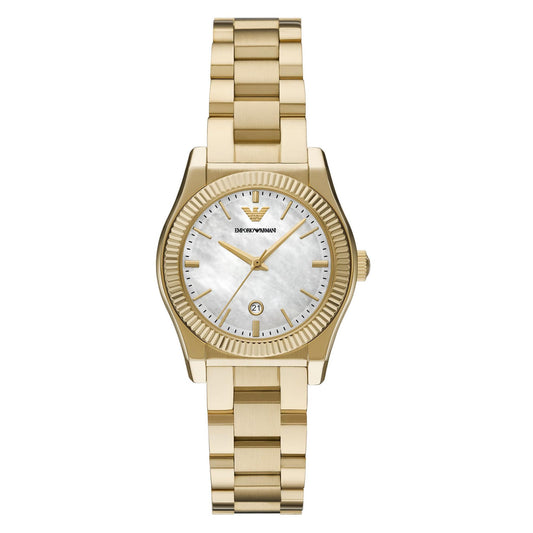 Emporio Armani 32mm Federica Gold Tone Mother of Pearl Link Watch