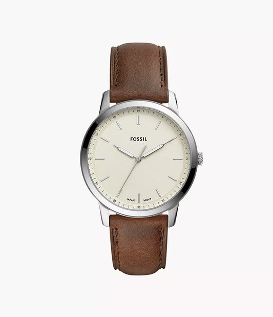 Fossil 44mm Minimalist Three-Hand White Dial Brown Leather Strap Watch