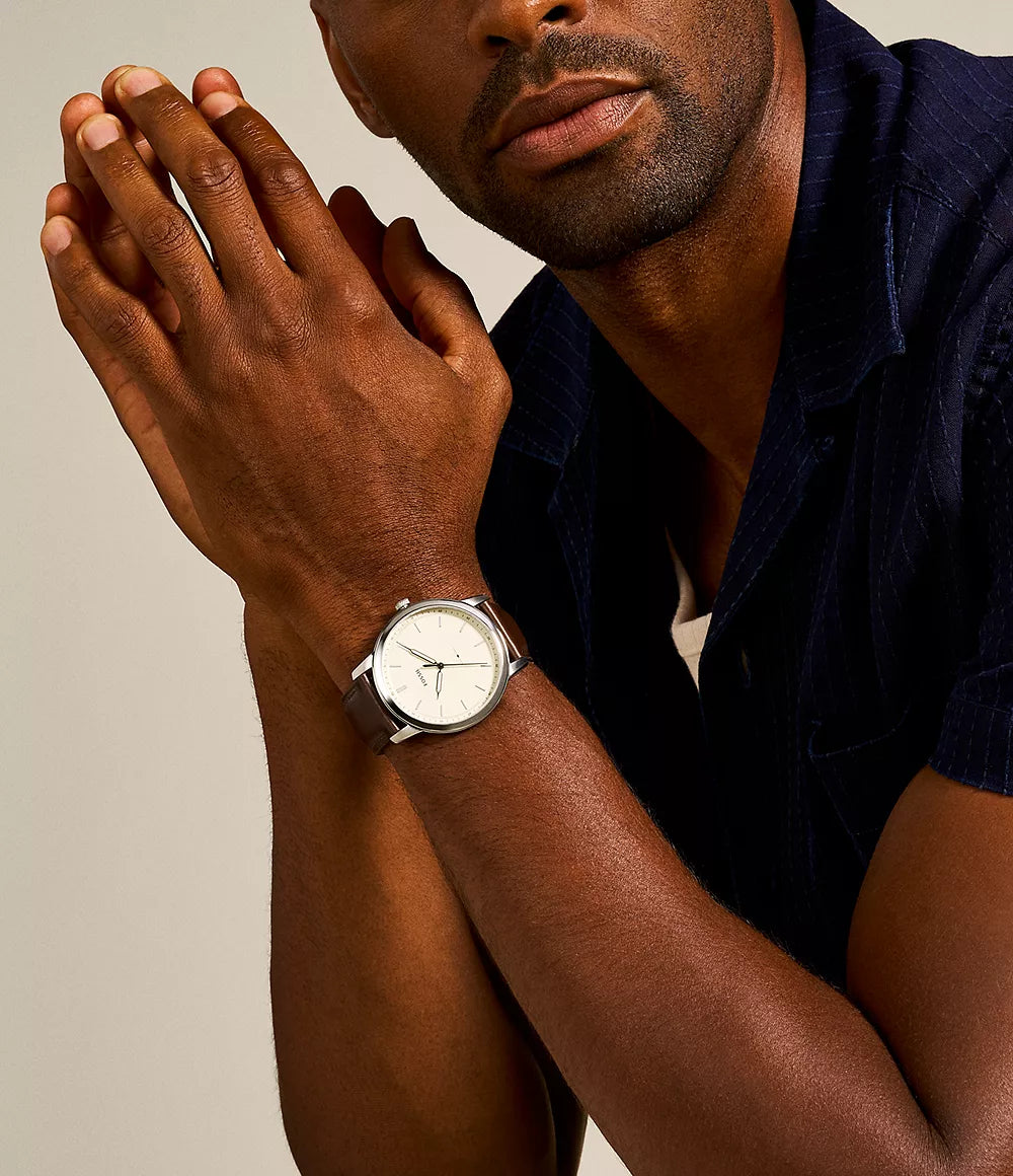 Fossil 44mm Minimalist Three-Hand White Dial Brown Leather Strap Watch