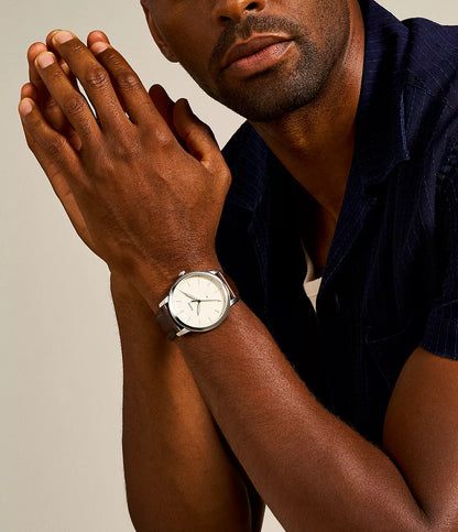 Fossil 44mm Minimalist Three-Hand White Dial Brown Leather Strap Watch