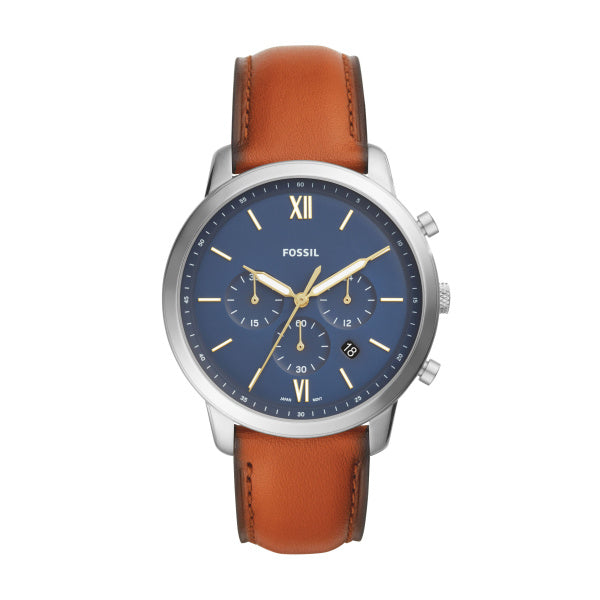 Fossil 44mm Neutra Chronograph Blue Dial Brown Leather Strap Watch