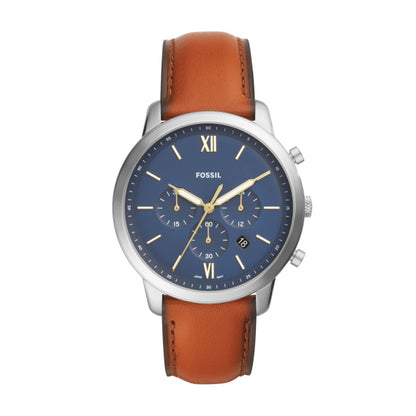 Fossil 44mm Neutra Chronograph Blue Dial Brown Leather Strap Watch