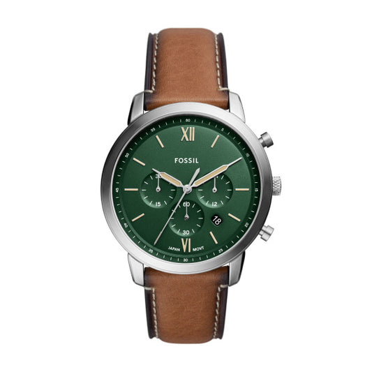 Fossil 44mm Neutra Chronograph Green Dial Brown Leather Strap Watch