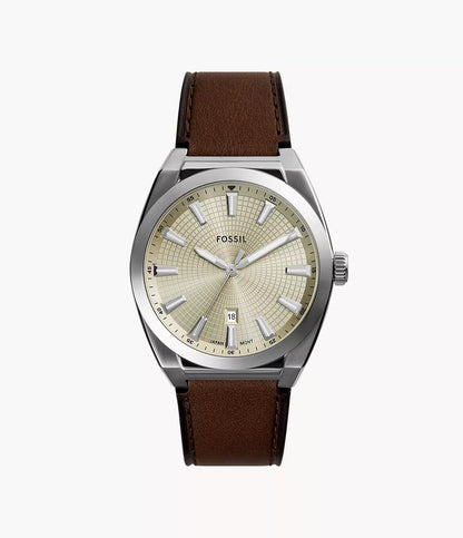Fossil 42mm Everett Three-Hand Date Brown Leather Strap Watch