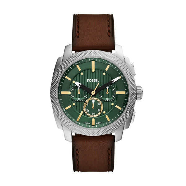 Fossil 44mm Machine Chronograph Green Dial Brown Leather Strap Watch