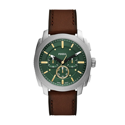 Fossil 44mm Machine Chronograph Green Dial Brown Leather Strap Watch