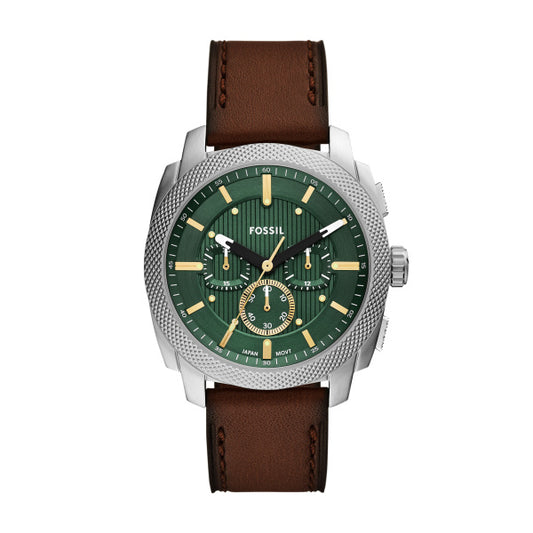 Fossil 44mm Machine Chronograph Green Dial Brown Leather Strap Watch