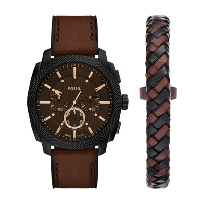 Fossil 44mm Machine Chronograph Brown Leather Watch and Bracelet Set